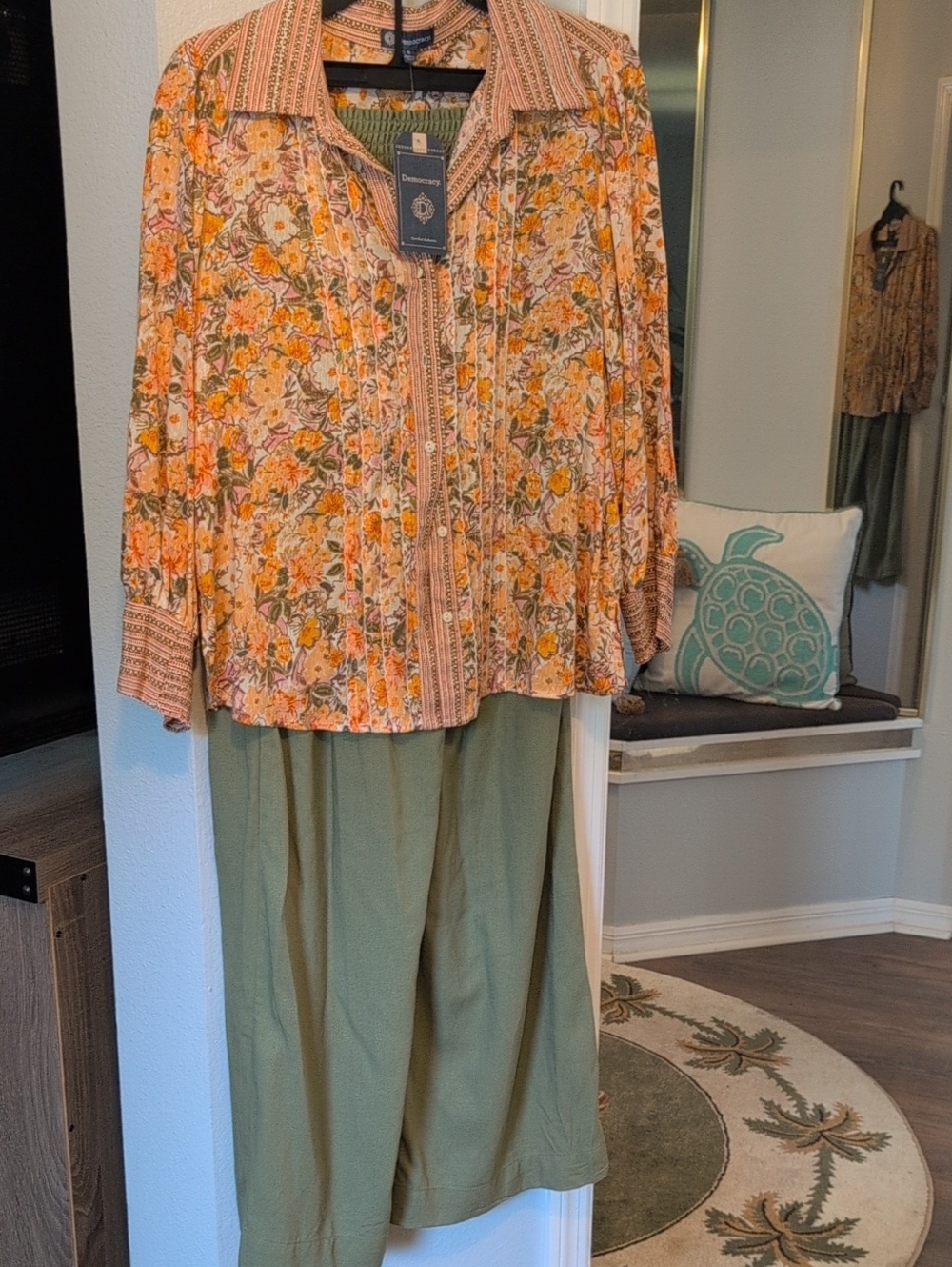 Democracy Floral Shirt in Peach, Orange & Olive Green Linen Blend Pants  All New